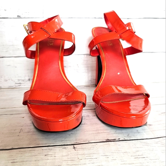 Ralph Lauren Faythe Bright Orange 100% Leather Strappy Platform Heels Size 10B - Picture 3 of 15
